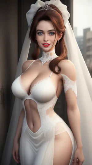 Une jeune femme vêtue d'un voile et d'une robe voilée avec des queues de cheval, portant une tiare sur la tête et un voile sur la tête, apparaît dans une image générée par une AI. Les murs de fond sont sales sans-abri couleur marron avec texte rouge visible