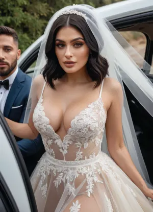 transparent wedding dress, hotwife, three guys, veil, huge boobs, giantic boobs, curvy, bride, wedding, public, two man, 2 man 1 woman, in car, Koh_KylieJenner