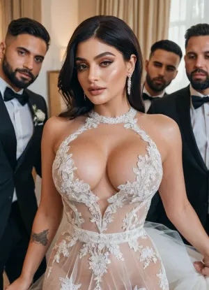 transparent wedding dress, hotwife, three guys, huge boobs, giantic boobs, curvy, bride, wedding, cheat, cuckold, husband friends, three man, 3 man 1 woman, Koh_KylieJenner