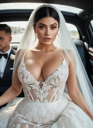 transparent wedding dress, hotwife, three guys, veil, huge boobs, giantic boobs, curvy, bride, wedding, public, three man, 3 man 1 woman, in car, Koh_KylieJenner