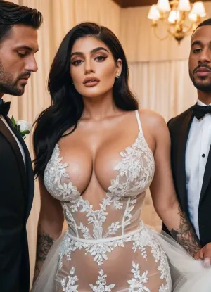 transparent wedding dress, hotwife, three guys, huge boobs, giantic boobs, curvy, bride, wedding, cheat, cuckold, husband friends, three man, 3 man 1 woman, Koh_KylieJenner