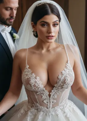 strapess transparent wedding dress, hotwife, veil, three guys, huge boobs, giantic boobs, curvy, bride, wedding, cheat, cuckold, husband friends, three man, 3 man 1 woman, Koh_KylieJenner, topless, woman, breasts