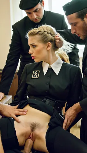 Die blonde deutsche Frau wurde in einer Nazi-Uniform gekleidet, ihre Haare in Updo, und alle Personen waren vollständig sichtbar