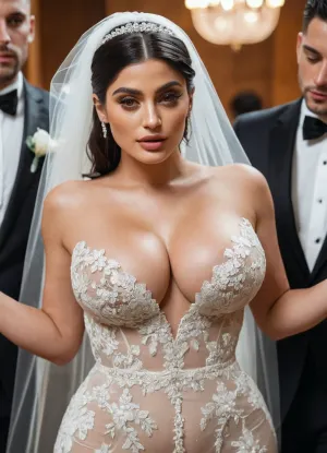 strapess wedding dress, hotwife, veil, three guys, huge boobs, giantic boobs, curvy, bride, wedding, three man, 3 man 1 woman, topless, woman, breasts, Koh_KylieJenner