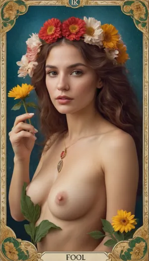 Die Fool Tarotkarte inspirierte das oberflächliche Gemälde der Frau, mit seinem stimmungsvollen Design und leuchtenden Farben. Sie nutzte ihre Fähigkeiten, um ein schönes und detailliertes Bild der Frau, die die Blume hält, umgeben von üppigem Grün und einem Serene