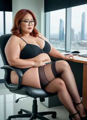 The mature Asian woman sat in her office chair with her legs open, revealing her round and full thighs. She had a serious face and a small waist, with a large pair of breasts that were clearly visible through the thin fabric of her blouse