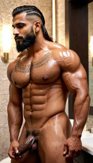 Fotorealist ve son derece ayrıntılı AI tarafından üretilen porno resmi, uzun sakallı, kaslı, ıslak saç, dövmeler, erkek kardeş arab yüzü, yan görüş, banyo, hi-res 8k 4k güzel cilt