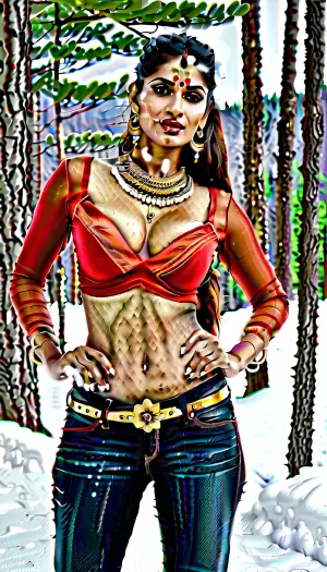 Ein sexy indisches Mädchen steht vor einer Kamera, die ein enges Winteroutfit trägt, und zeigt ihre Spaltung und Rücken. Ihr Haar ist dick und wellig, mit Knöpfen, die ihr Gesicht perfekt rahmen. Das Bild sieht realistisch genug aus, um es zu glauben