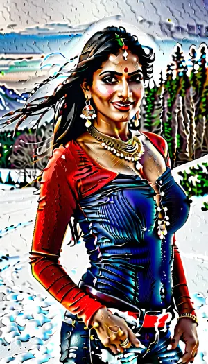 Healthy indian bhabhi standing in snow very gorgeous milf bhabhi long open bkack hairs ponytail sexy indian girl standing in snow waering a very tight winter lather boobs deep clevage gold chain in her neck earings realistic face realistic girl realstic body and very tight thick ass jeans rwalistic jeans red bangles red lipstic smiling loking camera