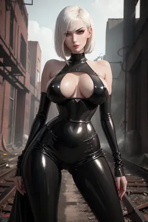 一个长着非常漂亮的18岁比奇,极其瘦小,皮肤苍白,非常长的假眼睫毛,眼线化妆,微笑和直视镜头的女性. 她穿着一个非常显眼的黑色乳胶胸罩 拥抱