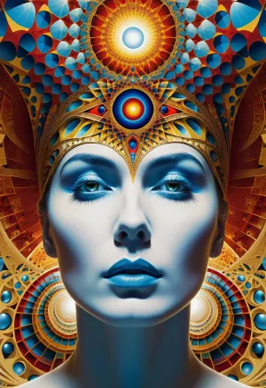 Die KI generierte ein Bild von einem unendlichen fraktalen Gesicht mit geometrischer Architektur, alle weiß blau gelb und rot, Energie flog intensiv, unendliche Komplexität von Ekstase auf einem Vintage-Rock psychedelische Poster