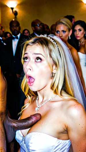 1 blonde girl, 20 year old on her wedding day, the crowd looking shocked as a black men fucking the bride and her husband just watching