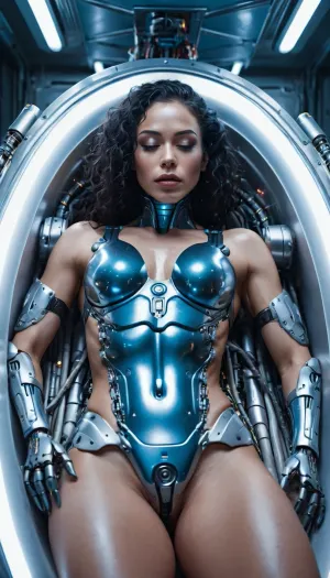 ((cyborg woman lying in Sci Fi Cryogenic Capsule)), (muscle body), (closeup), large lips, eyes closed, (runny makeup), face restoration, black hair, blue long curly hair ends, (flooded room), (metal body), (high detailed skin), (highly detailed body), (5 fingers hands), (perfect metal fingers), (perfect robot arms), (mechanical prosthetic fingers), best quality, 8k, sci-fi flooded room, cables, floating dust particle, robot_skin, android_skin, <lora:robot_skin_v1.0:.5>