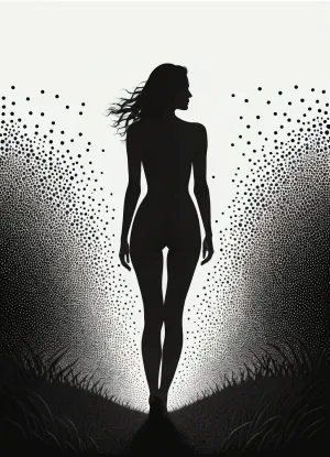Das minimalistische und abstrakte Bild zeigt eine sexy Person, die aus einem Feld der dispergierten schwarzen Punkte hervortritt und einen Pointillismuseffekt erzeugt. Das Bild wird mit weichen Schatten und subtilen Gradienten fokussiert. Die Details sind zart und raffiniert, vor einem weißen Hintergrund gesetzt für