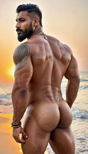 Le bodybuilder indien musclé avec de longues barbes et des tatouages, portant une chemise orange brillante, se tenait devant la plage du coucher du soleil. Il avait un gros pénis circoncis noir et une image photoréaliste de 8k de lui. Il était