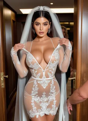 transparent wedding mini dress, hotwife, three guys, huge boobs, veil, giantic boobs, curvy body, through the door, huge ass, three man, 3 man 1 woman, luxure suit room, Koh_KylieJenner