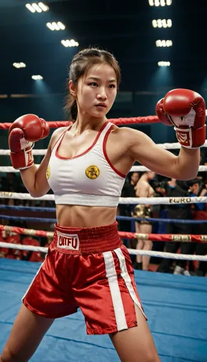 Uma mulher com um corpo perfeitamente esculpido e uma expressão de foco intenso estava na frente de um papel de parede de 8k de alta resolução, mostrando seu atletismo e graça como ela jogou socos com precisão e graça. A câmara aumentou o zoom nela
