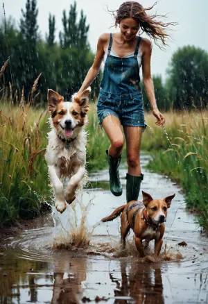 En un mundo donde la lluvia es un compañero constante, la chica y su perro llevan botas de goma para mantener sus pies secos. Saltan en charcos, salpicando agua por todas partes. La chica lleva una expresión feliz mientras toma fotos con su cámara