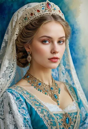 Portrait of a Russian beauty in national costume, lace filigree of bright, rich color. Super clear, highly detailed watercolor, glaze technique, plus colored alcohol ink, style of V. Vasnetsov