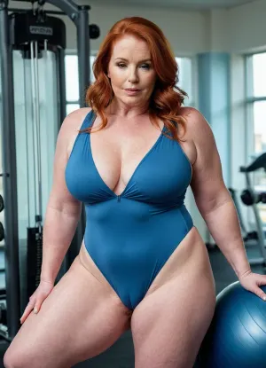 A hot redhead in a gym, wearing a blue bodysuit, stands with her spreaded legs and chubby fingers. She has perfect fingers and a 50-year-old mature body. Her cellulite is visible on her thighs,