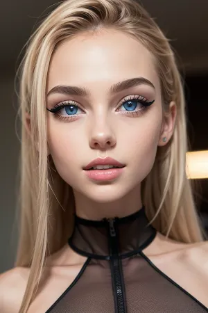 A hyper detailed, hyper realistic, and perfectly symmetrical petite cutie with perfect skin texture, perfectly symmetrical face, perfectly detailed makeup, perfect composition of lights and shadows, perfectly shaped big boobs and black eyeliner