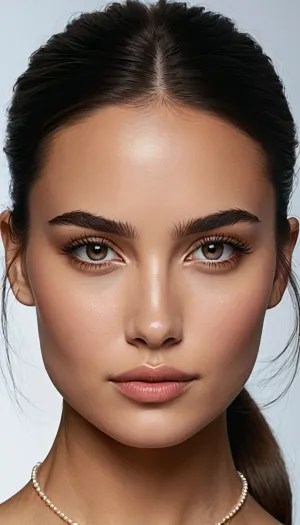 Une jeune femme avec un visage doux et arrondi, yeux en forme d'amande, lèvres pleines, ligne de cheveux naturelle, et sourcils arqués naturellement. Son front est large mais harmonieusement proportionné au reste de son visage. Les joues sont légèrement arrondies sans