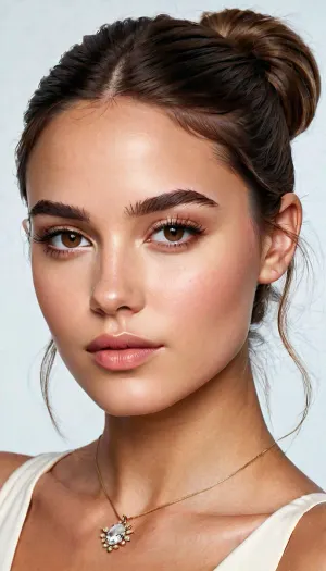 Une jeune femme aux yeux brun foncé ou noisette d'épaisseur moyenne, a défini l'arc de Cupidon sur la lèvre supérieure et un léger teint. Son visage en forme d'amande est fixé à une distance normale, avec des joues rondes et un nez doux