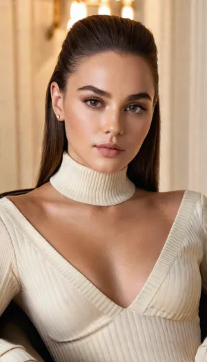 Créez un portrait hyperréaliste d'une jeune femme assise avec confiance sur une chaise luxueuse avec du texte : Générer