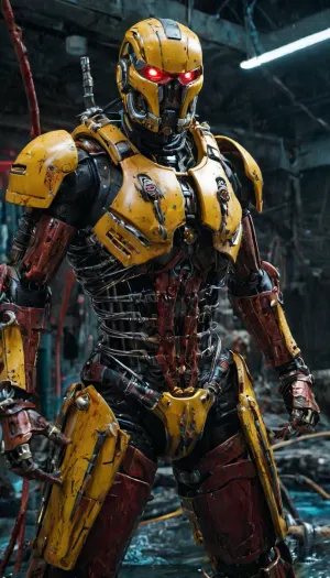 Cyrax is a combat robot, a laser cannon on his shoulder, glowing eyes in red, hands clenched into fists, rusty armor, cyberpunk, chrome steel spikes on his knees and elbows, standing in a pool of blood with wires, wires of different colors, skulls and bones in the background, sparks flying from the ceiling