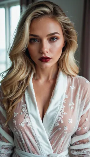 乌克兰的Instagram明星有着完美的面容和紧身衣,是卧室里一个金发女孩,穿着紧身衣和长袍. 她的口红是红色的, 她的照片看起来就像 从杂志封面上直接出来的