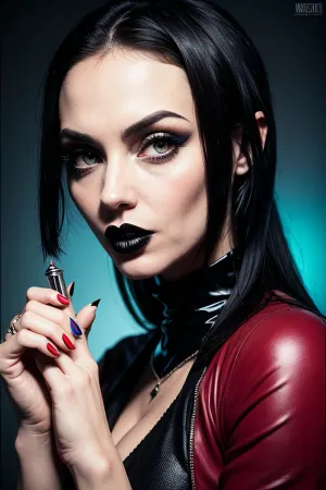 The woman in the goth vampire pop art picture was dressed in a red and blue outfit, with her hair styled into a short pixie cut. She had a mischievous grin on her face as she held up a red and blue toy