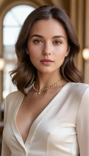 La jeune fille au visage ovale, doux et neutre, portait une tenue simple et élégante composée d'une mini jupe plissée avec gorset, chemise en soie blanche avec éclairage haute-clé, bas sur ses jambes, talons de court sur