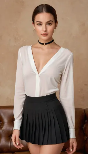 La jeune fille à l'expression neutre et au visage doux et arrondi portait une mini jupe plissée avec gorset, chemise en soie blanche avec éclairage haute-clé, bas sur ses jambes, talons court sur ses pieds, une chaîne minimaliste et une étranglement diamantaire