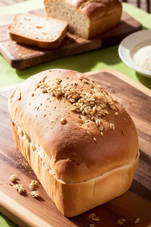 人工智能助理在木板上的面包周围 细细地拍了一张面粉 上面有清晰而脆的碎屑