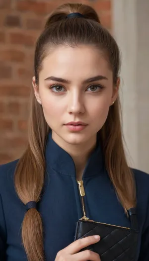 La fille sur la photo porte un uniforme d'école au design minimaliste, et ses yeux sont grands et expressifs. Ses cils sont longs et pleins, encadrant parfaitement ses yeux. Ses lèvres sont naturellement pleines et douces, avec un soupçon