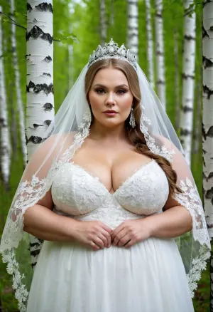 Die russische Schönheit in ihrem nationalen Kostüm wurde durch den Birkenwald, mit einem maxi Braut Schleier und weißen Spitzen übergroßen dicken Oberschenkeln. Sie stellte sich für den Fotografen mit einem Diadem auf ihren Kopf, zeigte ihr Dekolleté und