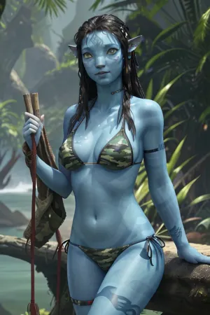 Smirk on the AI's face as she viewed the 못된 사진 의 비키니-클래드 여성 와 the camouflage 패턴 에 그녀의 breasts 과 blue skin was unmistakable. 그녀는 도움이 될 수 없었다