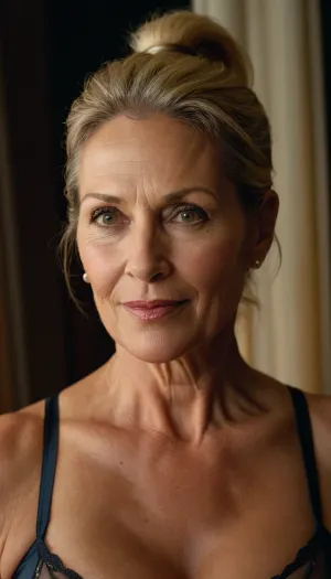 Una MILF de 45 años de edad con un cuerpo maduro y una iluminación tenue, esmiró al espectador como posó en su dormitorio. Llevaba un sujetador de balconette transparente que revelaba su brillo suave y salvaje hacía su aspecto aún más sens