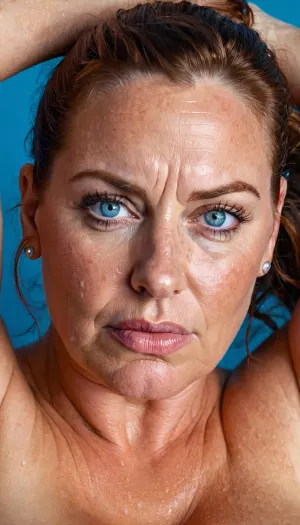 Une femme de 45 ans avec de gros seins, des rides, des cernes sous ses yeux, et un visage blanc épais est représenté dans une image porno générée par l'IA. Elle a les yeux bleus et le fond bleu. Ses cheveux sont sales et elle