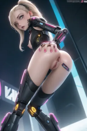 Una ragazza cyberpunk con piercing nel suo corpo e lentiggini sulle guance sta doggystyle, indossando un vestito da troia e microchip impianto nel suo cervello. Ha la faccia tonda, lentiggini sulle guance, labbra piene,