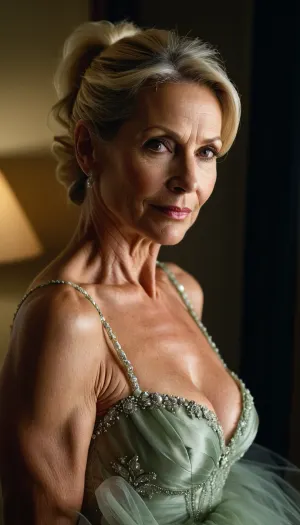 ((1 woman), (mature:1.2), milf, gilf, blonde, (mature 45 year old woman), very realistic, ponytail, (facial wrinkles:1), sexy transparent tulle gown, semi naked, dim light, soft lightning, looking at viewer, smirking, (((view from above:1))))