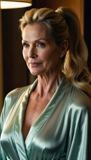 ((1 woman), (mature:1.2), milf, gilf, blonde, (mature 45 year old woman), very realistic, ponytail, (facial wrinkles:1), sexy transparent satin robe, semi naked, dim light, soft lightning, looking at viewer, smirking, (((view from above:1))))