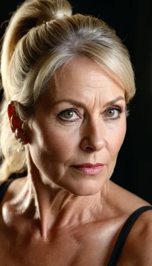 The woman, in her mid-forties, had a realistic face and body with dim light illuminating her soft lighting. Her blonde hair was long and wavy, framing her mature 45 year old face. She sat on the edge of the bed