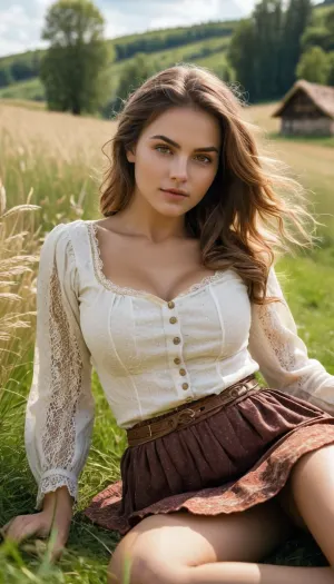 (photo of a beautiful 25 years old woman RAW firm rounded breasts Medieval peasant blouse and skirt in an old village detailed eyes detailed face:1.2), (laying back on grass tallgrass meadow meadow wild overgrown warm sunny day laying back bokeh f1.4 40mm photorealistic raw 8k 8k uhd dslr high quality film grain Fujifilm XT3 sharp focus f 5.6 cowboy shot waist hips thighs:1.2), spreading legs sexy pose horny lace pants realistic perfect eyes detailed eyes realistic eyes sharp face detailed face realistic face naturtal skin skin pores, ultra-detailed