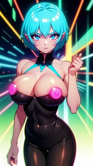 (1 girl), (((masterpiece))), (8k), (), (neon bioluminescent lights:1.4), (((club girl))), (bioluminescent outfit:1.4), (huge breasts out), (night club background:1.3), Dark nipples, dark areolas, looking at viewer, ((perfect eyes, blue eyes, symmetrical eyes, bright eyes)), colouful, (style), pixie cut, touseled, sidecut, undercut, 3DMM, loraeyes, <lora:add_detail:.5>, <lora:Loraeyes_V1:.5>, photo, of, perfecteyes, <lora:lora_perfecteyes_v1_from_v1_160:.5>, evangelion, anime, style, <lora:evangelion_anime_style_offset:.5>, neon, palette, <lora:neon_palette_offset:.5>