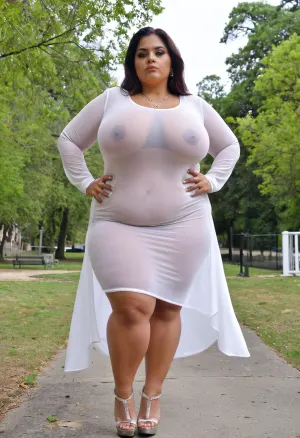 Латинская мать носила свое белое платье с длинным рукавом в парке, с высокой детализацией, ярко-розовым макияжем, ювелирными изделиями из камня. Она сидела на скамейке и наслаждалась солнцем, потягивая замороженный лимонад. Внезапно она почувствовала