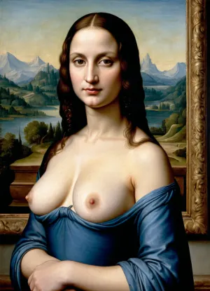 レオナルド・ダ・ヴィンチによるモナ・リサは、美しさと感性を本質的に捉える素晴らしい傑作です。 絵画は主題、長い流れの毛および明らかにする青の服が付いている女性を、山の上の背景の前で坐らせます