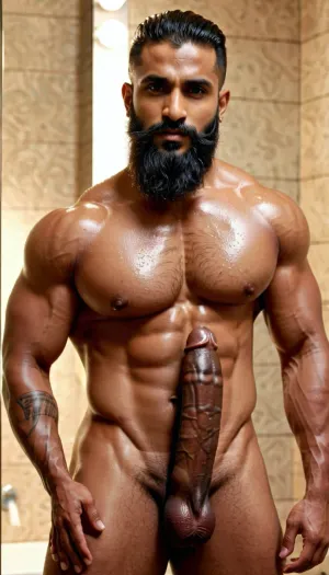 The muscular Indian Muslim bodybuilder with long beard and very ruggedly handsome features was in the bathroom, taking a shower. He had a deep love for pornographic photography and was always looking for new ways to enhance his fantasies. As he admired himself in