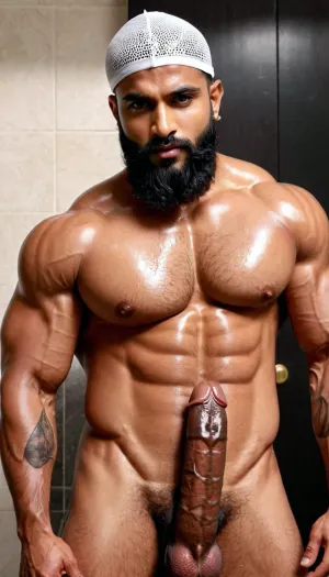 Der muslimische Bodybuilder mit langem Bart und islamischer Gebetskappe für Namaz, mit sehr detailliertem und sehr robustem, gut aussehendem und sehr muskulären indischen muslimischen Bodybuilder, tief rund scharfen Fokus, komplizierter, böser Ausdruck, glatte zarte Mesh Hauttextur für Hi-Res
