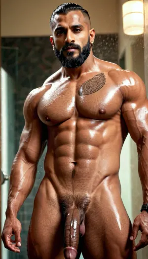 The photorealistic and highly detailed 8k hi-res photo of the Indian Muslim bodybuilder with long beard, man, muscular, wet hair slicked back, tattoos, sunlight bathing his muscular body in the bathroom with cinematic lighting and